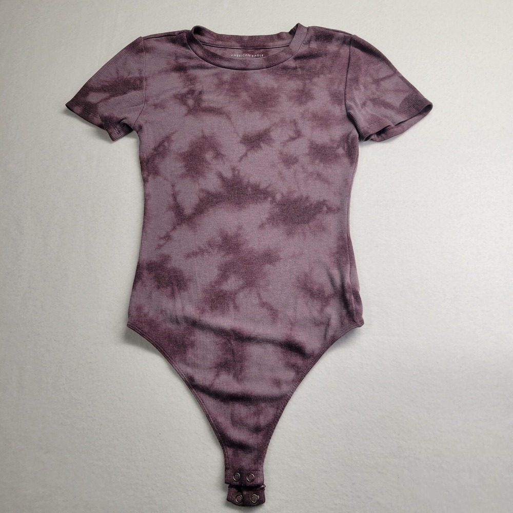 American Eagle Purple Tie Dye Ribbed Short Sleeve Bodysuit XS Crew Neck Snap